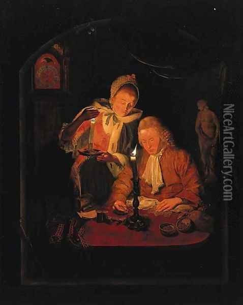 An elegant couple counting money by candlelight, at a stone niche Oil Painting - Michiel Versteegh