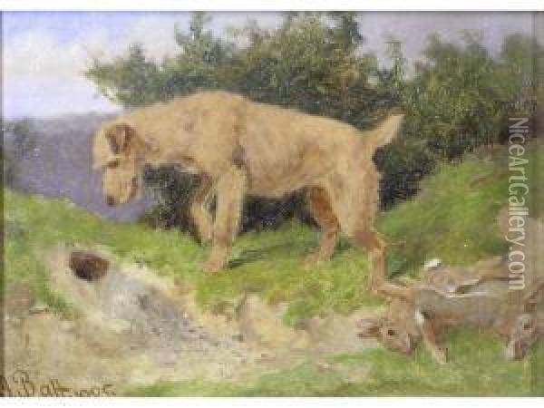 Terrier At Rabbit Hole,its Kill Alongside Oil Painting - Arthur Batt