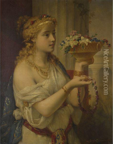 Young Girl With Flowers Oil Painting - Pierre Oliver Joseph Coomans