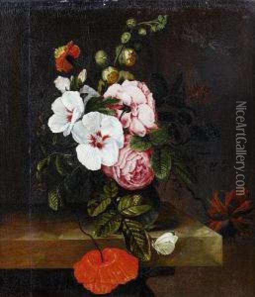 Roses, Tulips And Other Flowers 
In A Glassvase On A Table Top, With A Butterfly And A Dragonfly Oil Painting - Simon Pietersz. Verelst