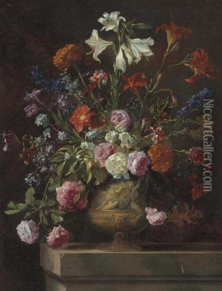 Lilies, Carnations, Roses, And 
Other Flowers In A Gilt Urn With Bas Relief, On A Stone Ledge Oil Painting - Mario Nuzzi Mario Dei Fiori
