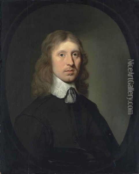 Portrait Of A Man, Half-length, In A Black Coat And White Collar, In A Feigned Oval Oil Painting - Jacobus Van Der Gracht