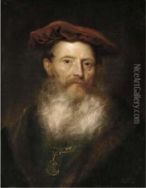 Portrait Of A Bearded Man, Bust-length, In A Fur-trimmed Black Coat And A Velvet Cap Oil Painting - Govert Teunisz. Flinck