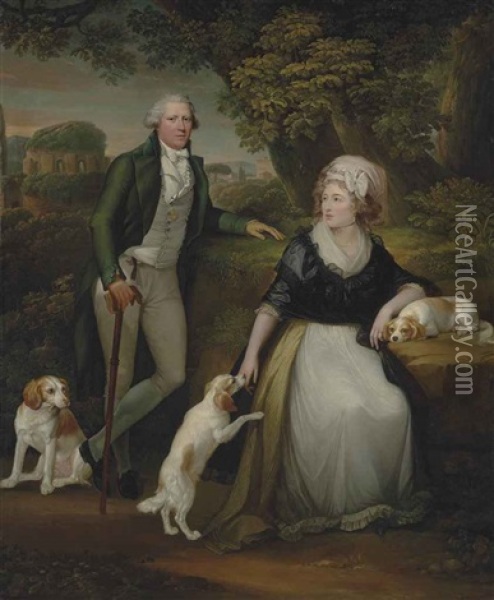 Double Portrait Of Sir Andrew Corbet Corbet, Bt., Of Stoke On Trent (1752-1823), And His Wife Hestor, Full-length, With Their Spaniels Bow Oil Painting - Robert Fagan