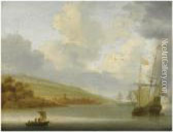 A Calm Marine Landscape With Dutch Ships At Anchor Oil Painting - Willem van Diest