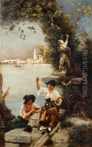Venetian Girls Drawing Water Oil Painting - Stefano Novo