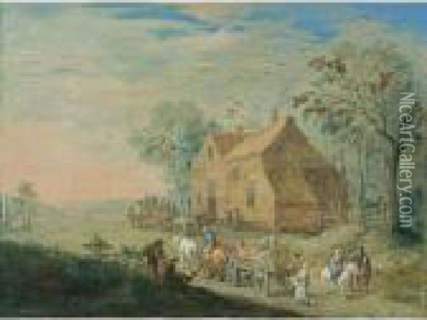A Landscape With Travellers In Carts Near An Inn Oil Painting - Jan Brueghel the Younger