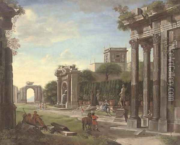 An arhitectural capriccio of classical ruins with elegant company Oil Painting - Viviano Codazzi