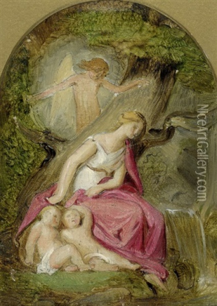 Felicitas Und Der Schlaf (after Ludwig Tieck) (study) Oil Painting - Julius (Rudolf Jul. Benno) Huebner