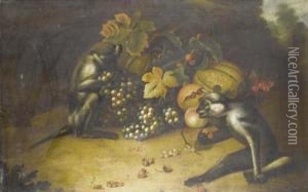 Two Monkeys Playing With Grapes And Strawberries, Before A Landscape Oil Painting - Tobias Stranover