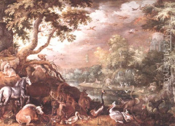 An Extensive Wooded Landscape With Numerous Animals And Orpheus And The Thracian Wives Oil Painting - Roelandt Savery