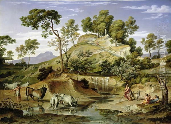 Landscape with Shepherds and Cows and at the Spring 1832 34 Oil Painting - Joseph Anton Koch
