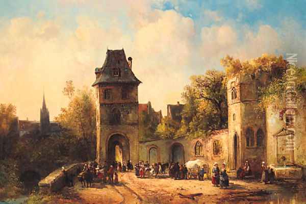 Figures gathering near the Gate of a Town Oil Painting - Jacques Courtois