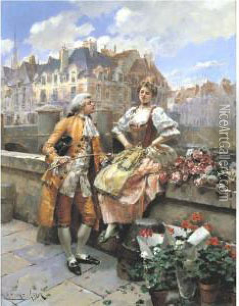 The Flower Seller On The Quais In Paris Oil Painting - Henri Victor Lesur
