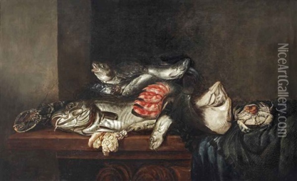 A Lobster, Cod, Flatfish, Salmon, Crab, Mussels And Other Fish In A Wicker Basket With A Fish Net On A Partially Draped Table Oil Painting - Isaac Van Duynen
