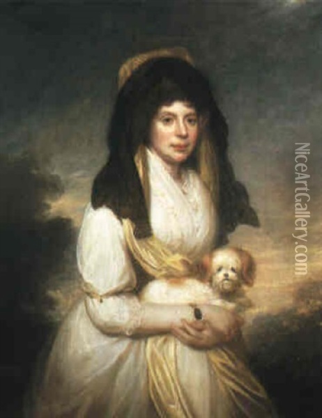 Portrait Of Queen Charlotte Holding A Maltese Dog Oil Painting - Sir William Beechey