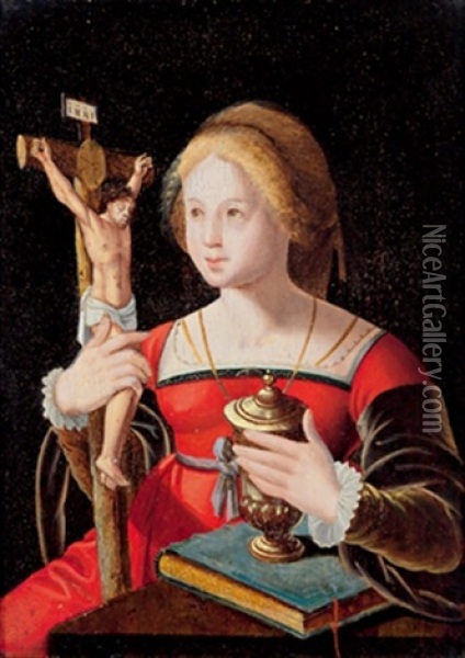 Die Magdalena Mit Kreuz Und Salbgefas Oil Painting - Joos Van Cleve