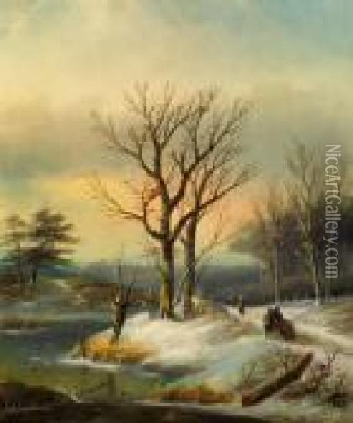 Verschneite Baumlandschaft Mitfigurenstaffage Oil Painting - Jan Jacob Coenraad Spohler