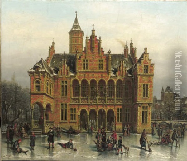 Winterscene With Skaters In Front Of A Grand Hall Oil Painting - Victor Vervloet