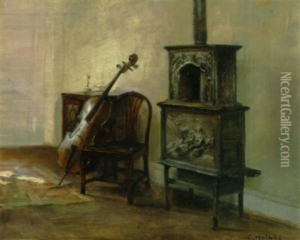 Interior Med Kommode, Stol, Cello Og Stobejernsovn Oil Painting - Carl Vilhelm Holsoe