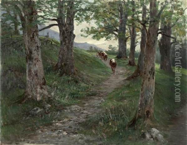 Waldlandschaft Mit Kuhen Oil Painting - Julius von Blaas