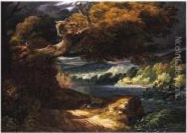 A Stormy Landscape With A Fallen Oak Beside A River, A Town Beyond Oil Painting - Pierre-Henri de Valenciennes