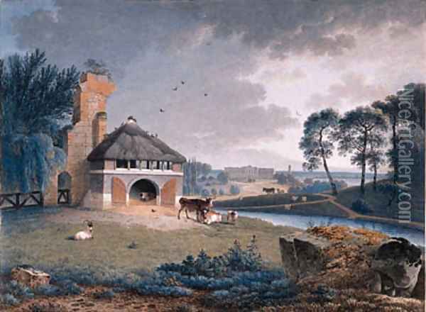 A Landscape with Cattle by a Barn on a Rise, a palace beyond Oil Painting - Joseph Augustus Knip