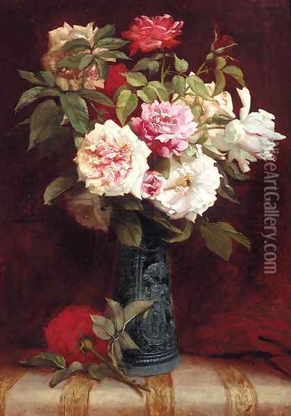 Roses in a vase on a mantle Oil Painting - Martial Hupe