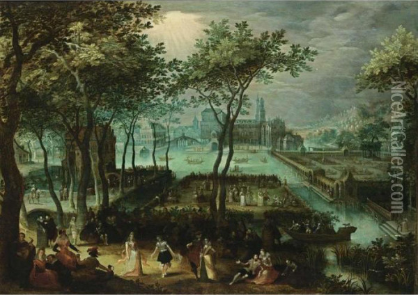 An Extensive View Of A Palace 
Garden With Elegant Figures Dancing And Making Music In The Foreground 
And Boats On Moats, With The Palace And Bridges In The Background Oil Painting - David Vinckboons