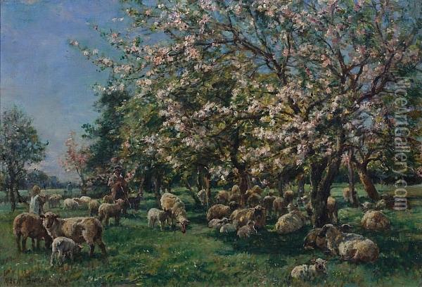 Drover With Sheep Resting Under Apple Blossom Oil Painting - William Mark Fisher