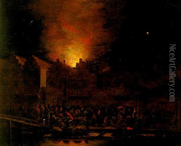 Figures Fighting A Fire In A City At Night Oil Painting - Egbert Lievensz van der Poel