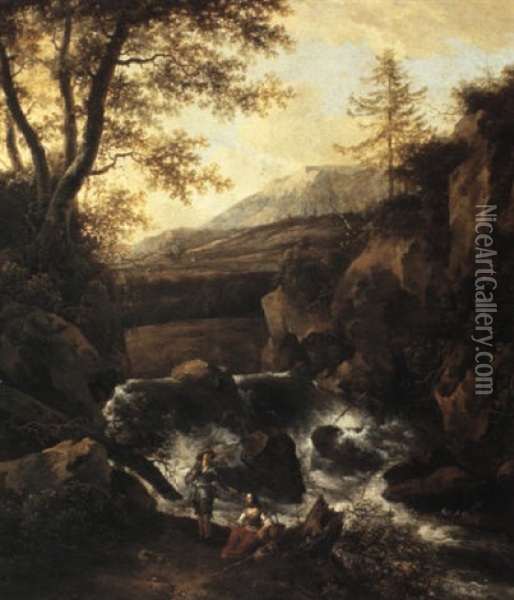 A Hilly Landscape With Figures By A Waterfall Oil Painting - Jan Wils