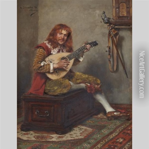 Cavalier Playing A Mandolin Oil Painting - Albert Friedrich Schroeder