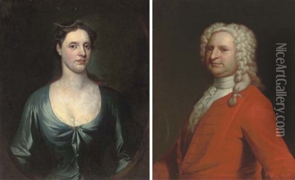 Portrait Of Mr. Herbert, Half-length, In A Red Coat (+ Portrait Of A Mrs. Herbert, Half-length, In A Blue Dress; Pair) Oil Painting - William Aikman