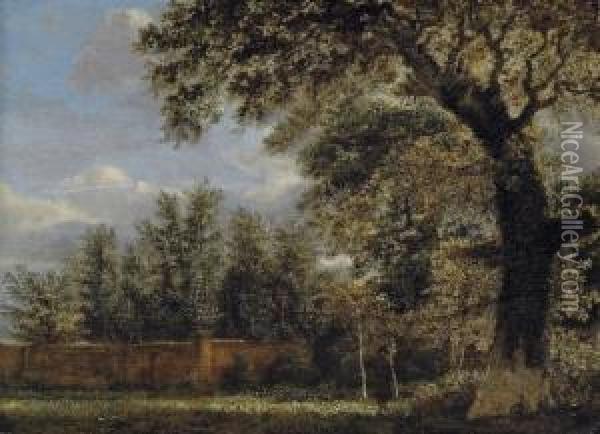 A Wooded Landscape With A Figure In A Park Oil Painting - Jan Van Der Heyden