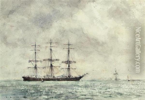 A Windjammer At Anchor With The Sun Breaking Through Theclouds Oil Painting - Henry Scott Tuke