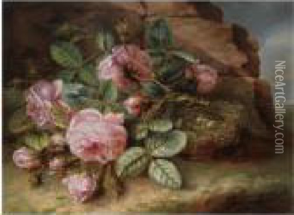 A Still Life With Roses Near A Bird's Nest Oil Painting - Margaretha Roosenboom