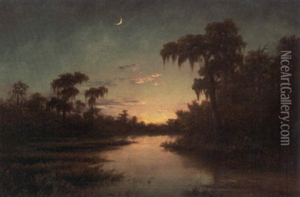 Dawn In The Bayou With Black Figures In A Pirogue Oil Painting - Harold Rudolph