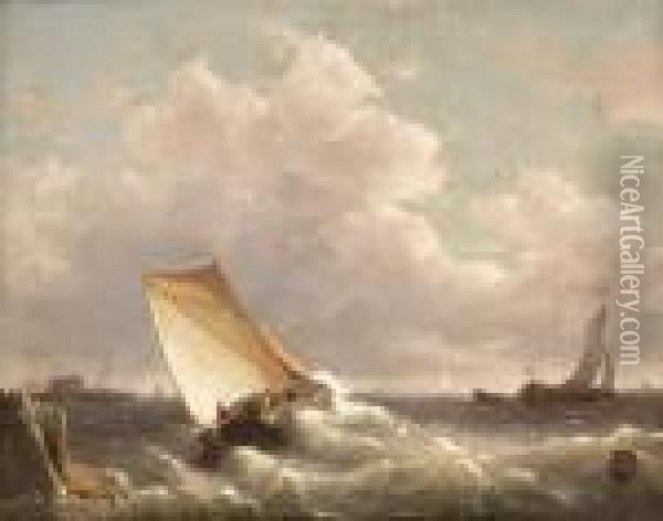 Dutch Sailing Boats Inshore. Oil/canvas, Inscribed Oil Painting - Antonie Waldorp