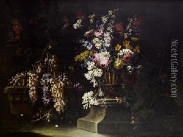 A Still Life Of Grapes Upon Ruined Stonework,with Jasmine, Peonies And Other Flowers In An Urn Oil Painting - Giuseppe Vincenzino