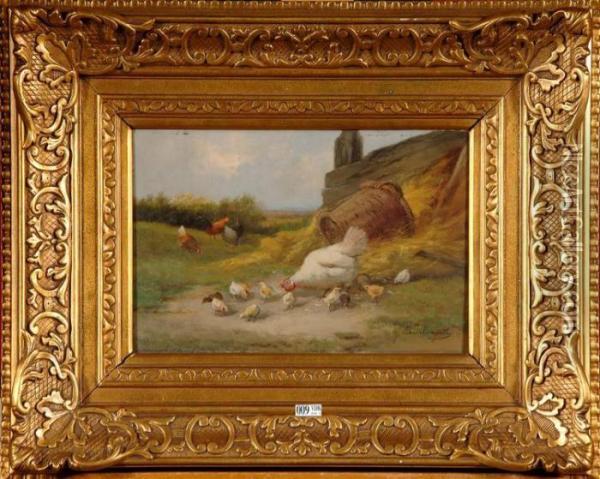 Poule Et Ses Poussins Oil Painting - Jef Louis Van Leemputten