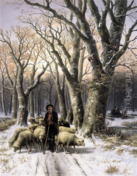Herder Met Kudde In Besneeuwde Dreef Oil Painting - Alexis de Leeuw