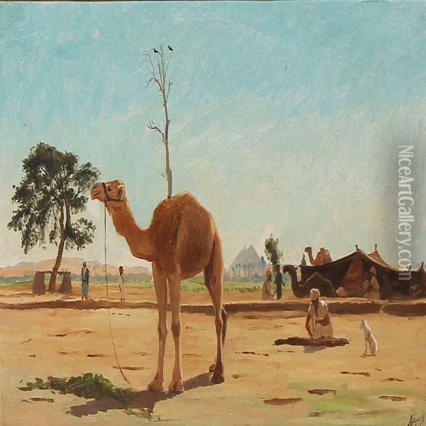 Scene From Egypt With Nomads And Camels, In The Background Two Pyramids Oil Painting - Andreas Christian Riis Carstensen