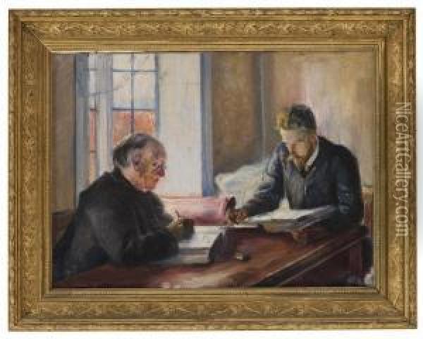 Interior With Two Men Writing Oil Painting - Eyolf Soot