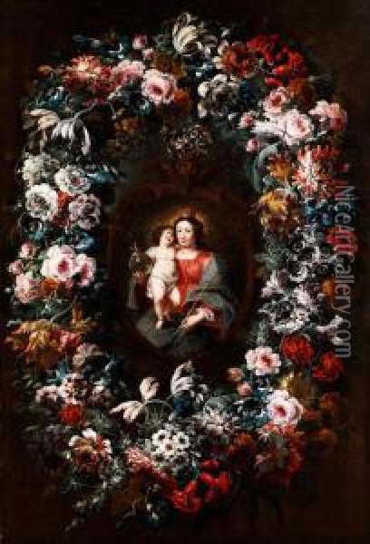 Madonna Mit Dem Kind In Grossemblutenrahmen Oil Painting - Gaspar-pieter The Younger Verbruggen
