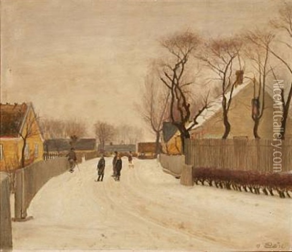 Children Playing In A Village, Winter Oil Painting - Soren Christiansen