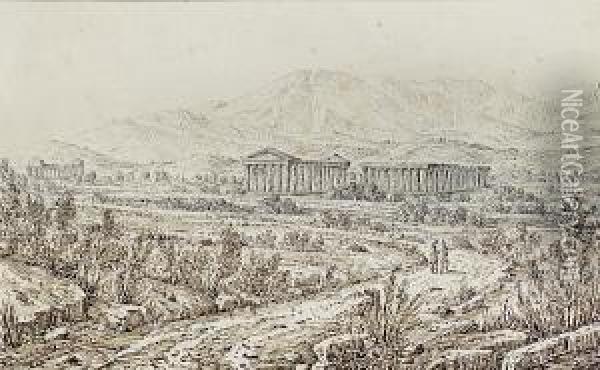 Temple Of Hera, Paestum; Aquaducts, Maddalone, Two Oil Painting - Antonio Senape