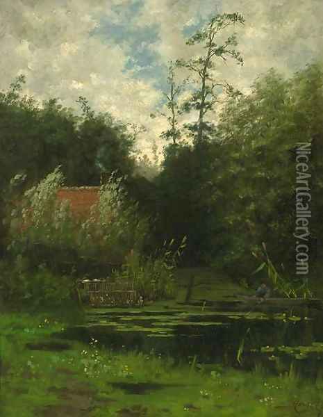 An angler in a punter a cottage nearby Oil Painting - Willem Hamel