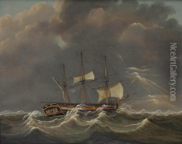 The Three-master Aurora Sailing In A Thunderstorm Oil Painting - Engel Hoogerheyden