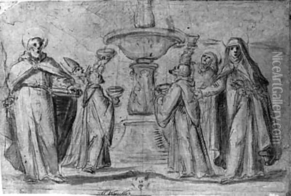 Saints gathering water from a fountain, Saint Paul and Saint Catherine standing in the foreground Oil Painting - Fabrizio Boschi